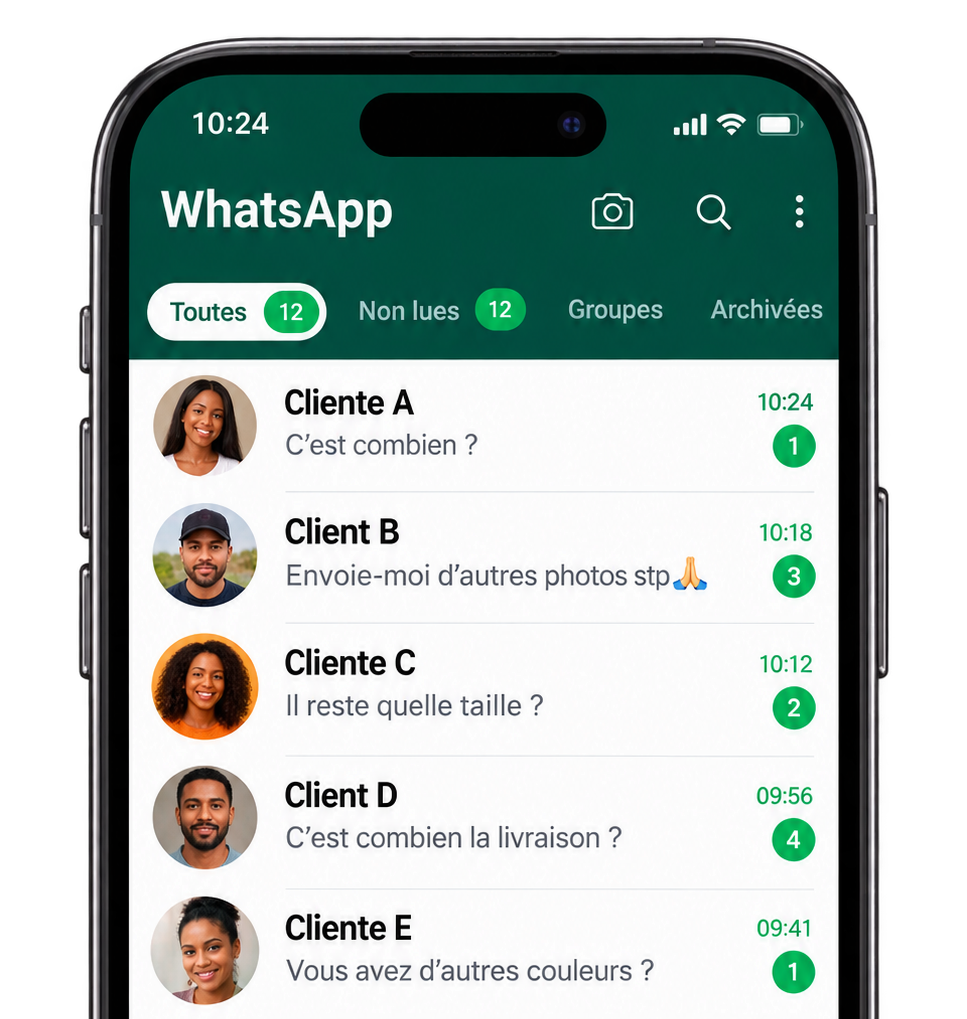 Conversation WhatsApp montrant les questions répétitives des clients : prix, photos, tailles et livraison