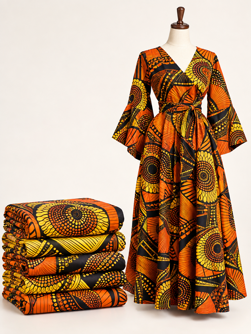 Tissus et vêtement en wax africain coloré, démo boutique mode