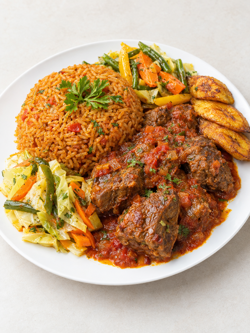 Plat africain coloré dressé élégamment, démo boutique alimentation