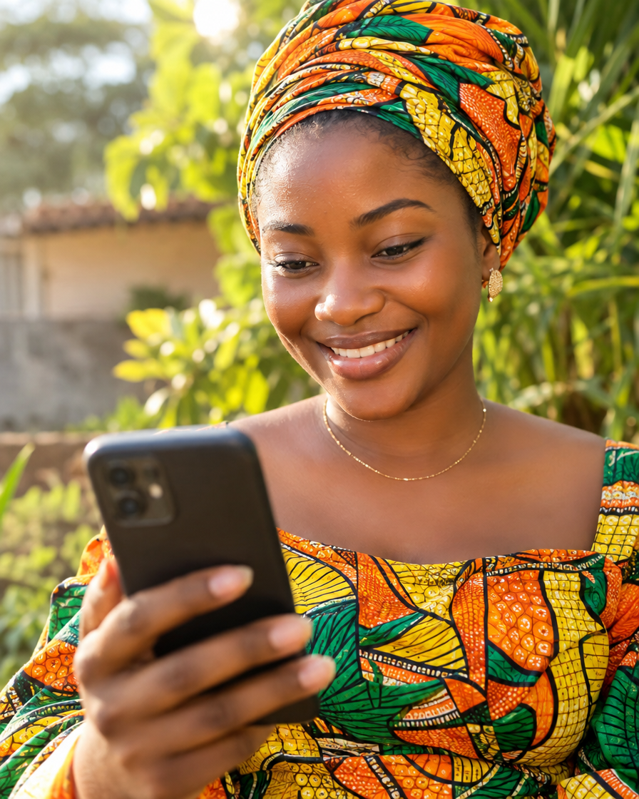 Commerçante souriante en tenue wax tenant son smartphone