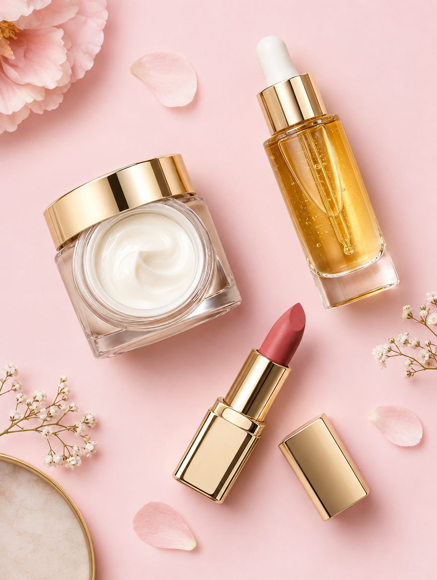 Flatlay de cosmétiques roses et dorés, démo boutique beauté